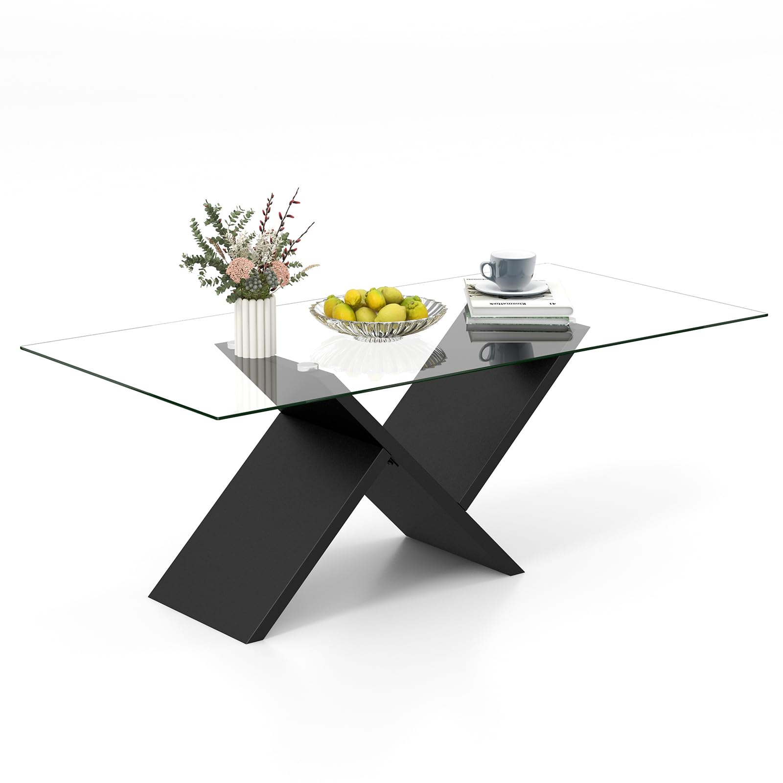 Tangkula Table basse rectangulaire en verre, table de salon moderne de 119 cm avec plateau en verre trempé et cadre géométrique en bois d'hévéa